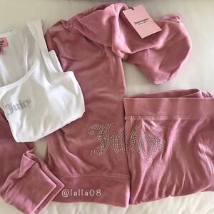 JUICY COUTURE Velour OG Bling Tracksuit Hoodie & Pant Set with White Tank Rose